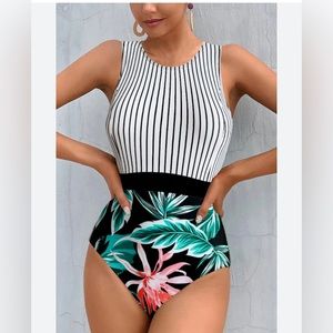 Molybell One Piece Swimsuit Stripes Leaf Print Tummy Control L NWT